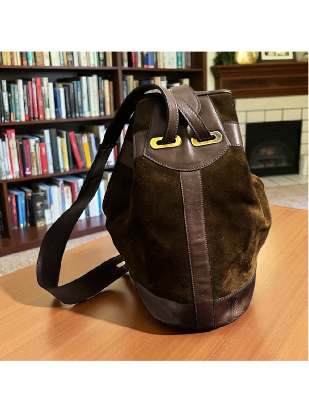 Celine Green-Brown Suede & Brown Leather Triomphe Bucket Shoulder Bag